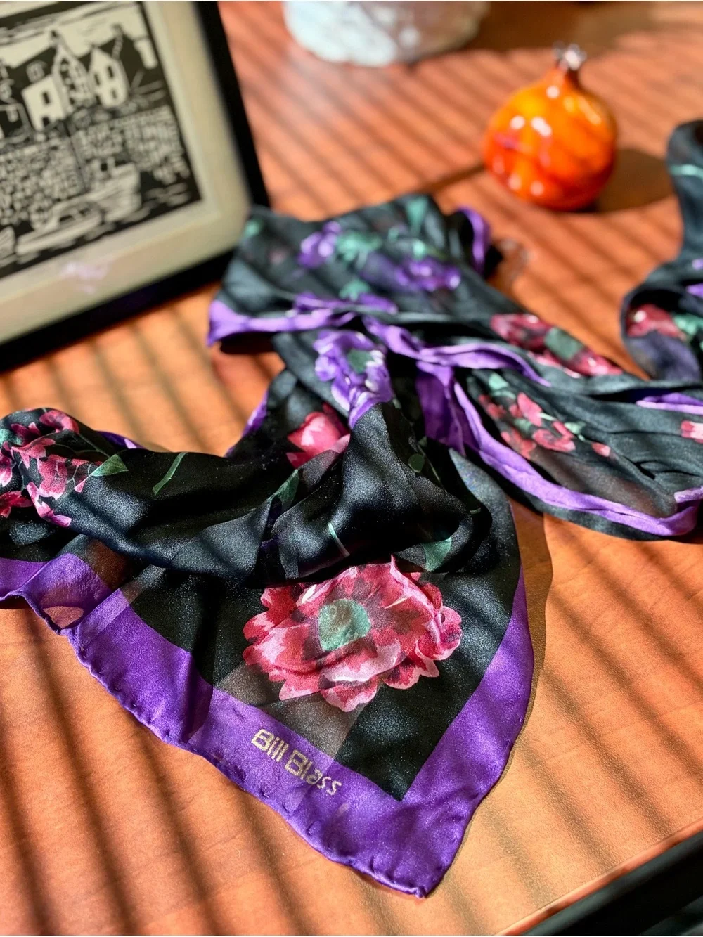 Bill Blass Vintage Black & Purple Floral Silk Scarf